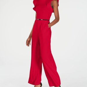 Calvin Klein RED Belted Ruffle Sleeve Full Length JUMPSUIT with pockets size 2